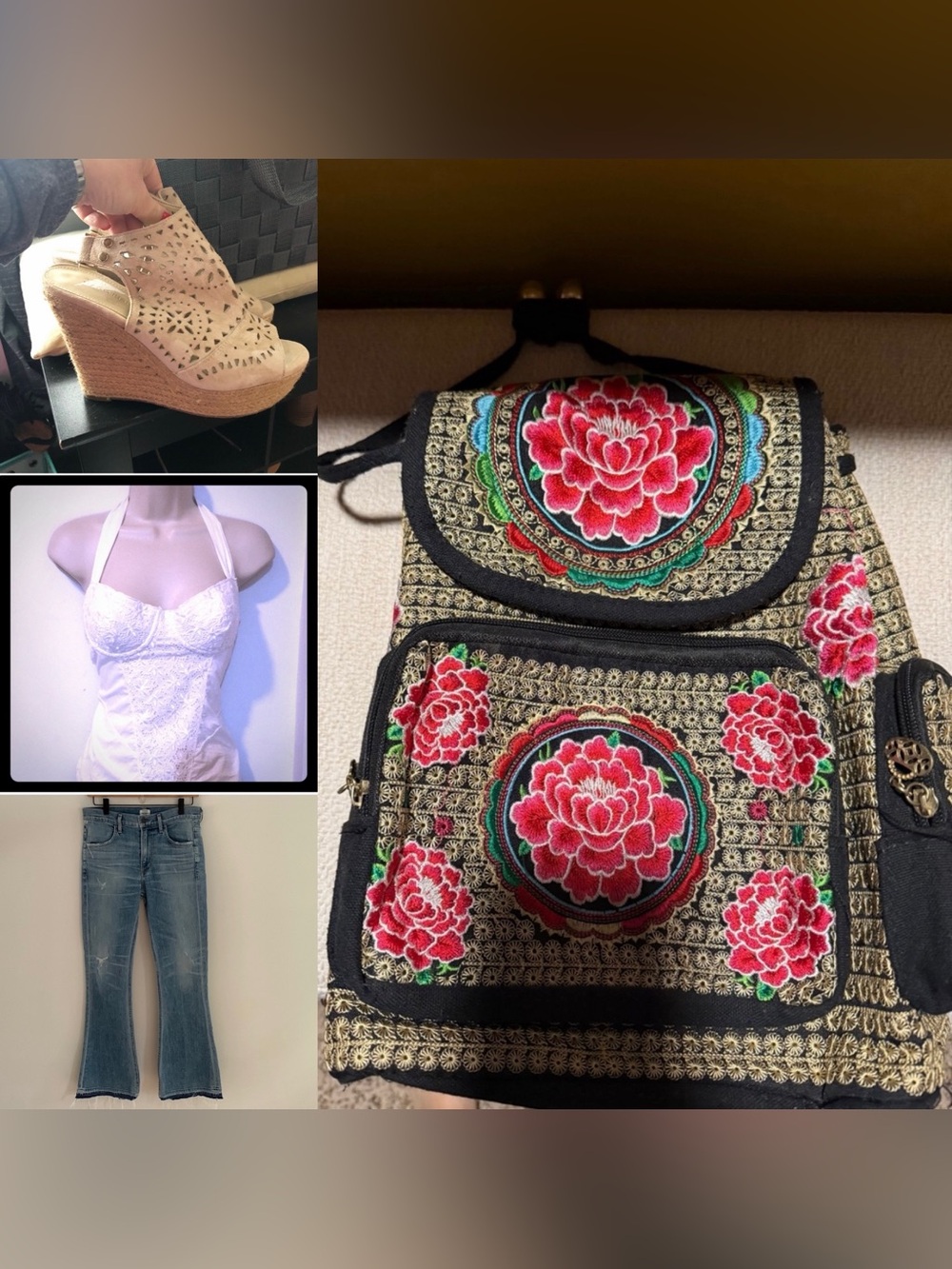 Vintage Lotus Embroidered Backpack - Black with Red Floral Motifs
